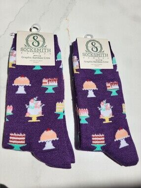 NWT Two Pairs SockSmith Graphic Bamboo Crew Socks Piece of Cake Purple Heather